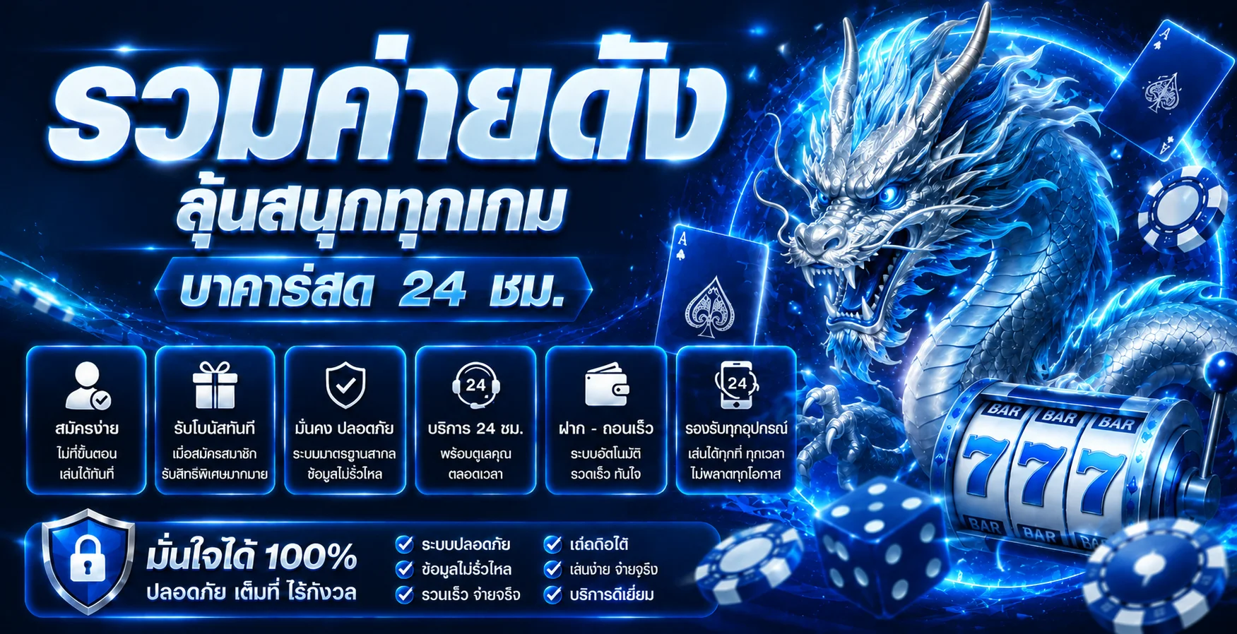 แบนเนอร์ 77W คาสิโนสดและสล็อตธีมมังกรสีน้ำเงิน